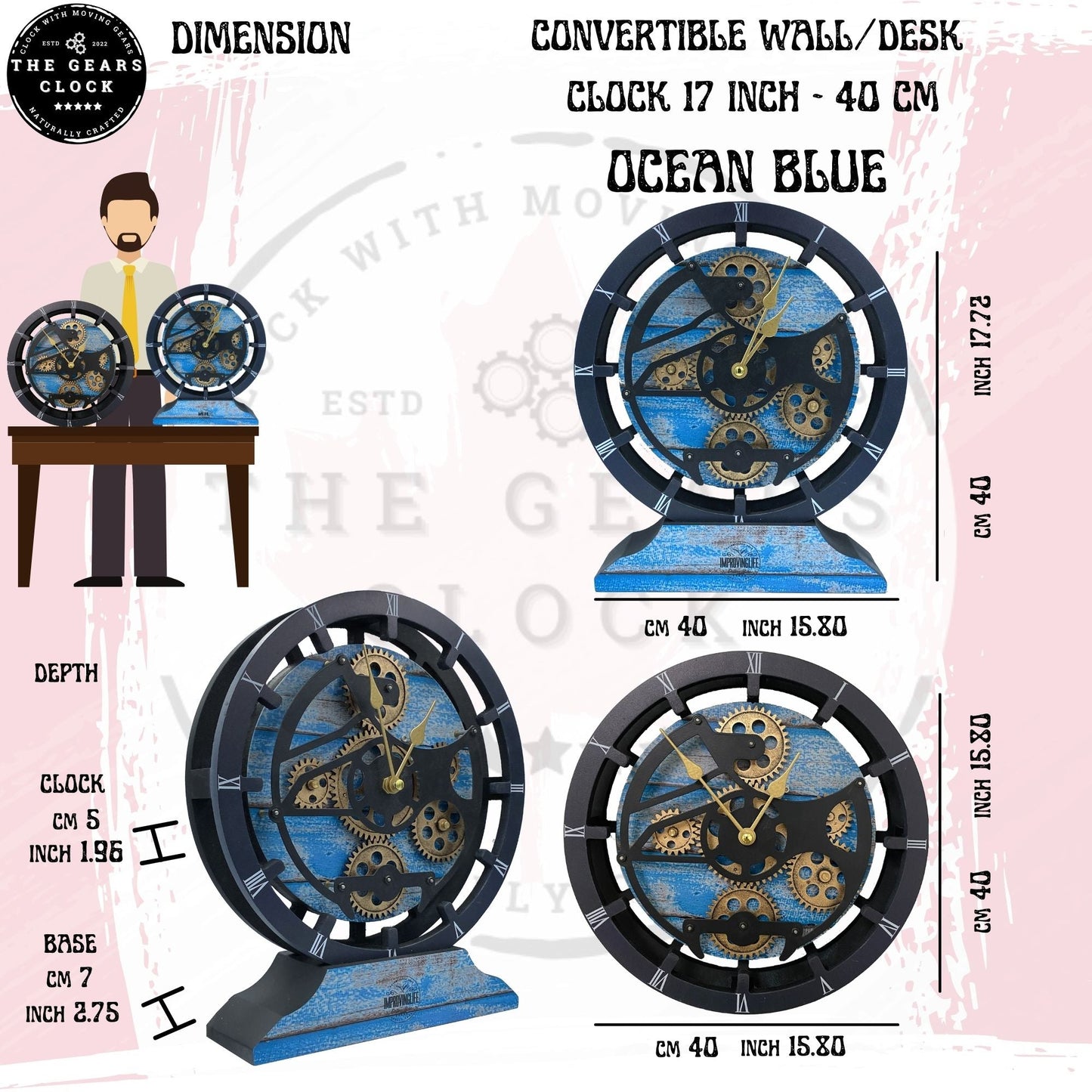 Horloge de Cheminée Ronde 16” Bleu Océan