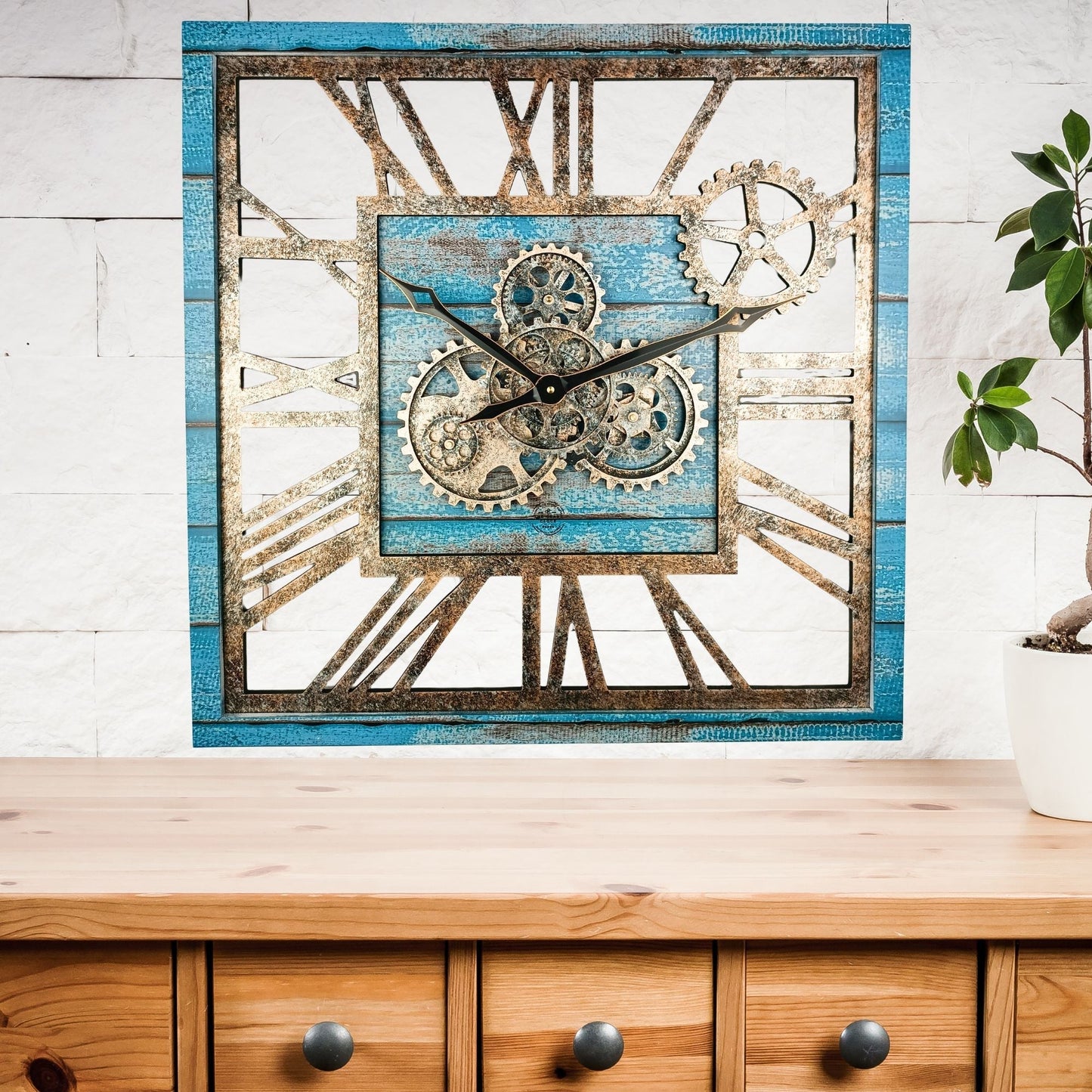 Horloge Murale Carrée 24” Bleu Océan