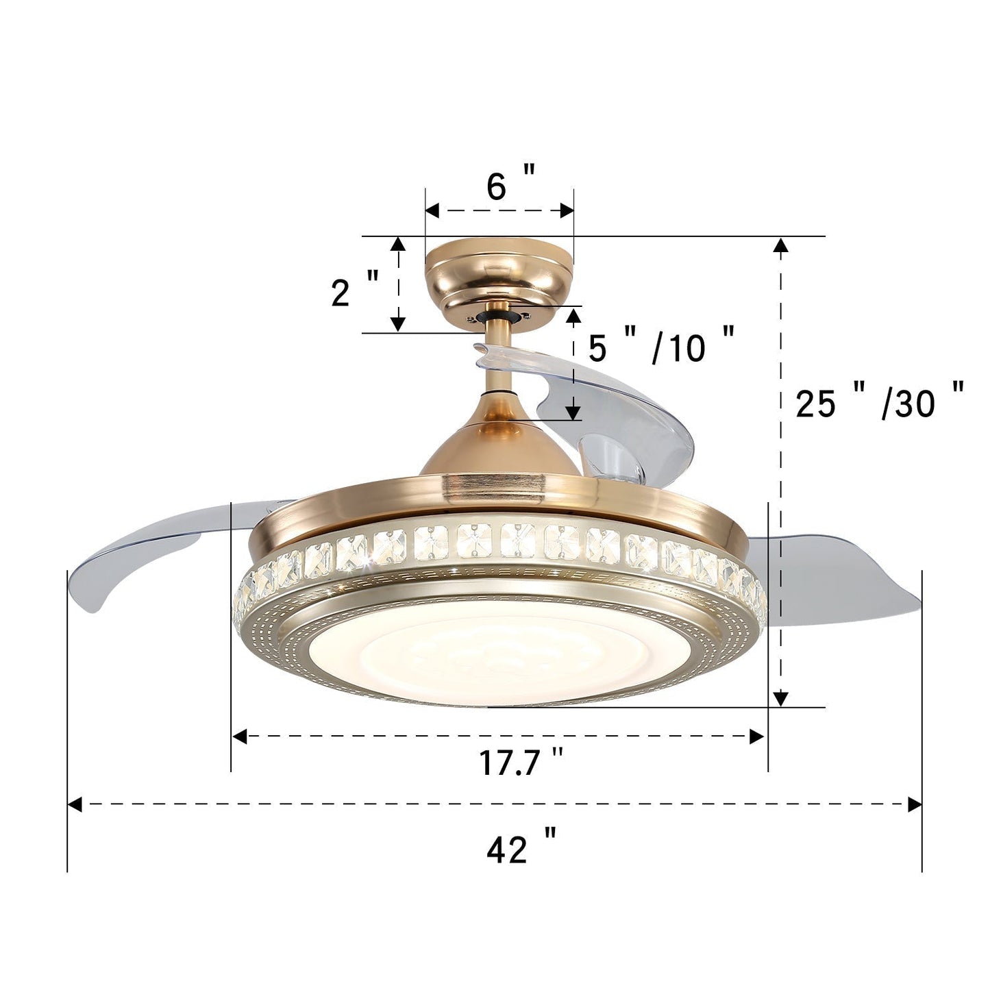 Lampe Ventilateur de Plafond Cristal 42”