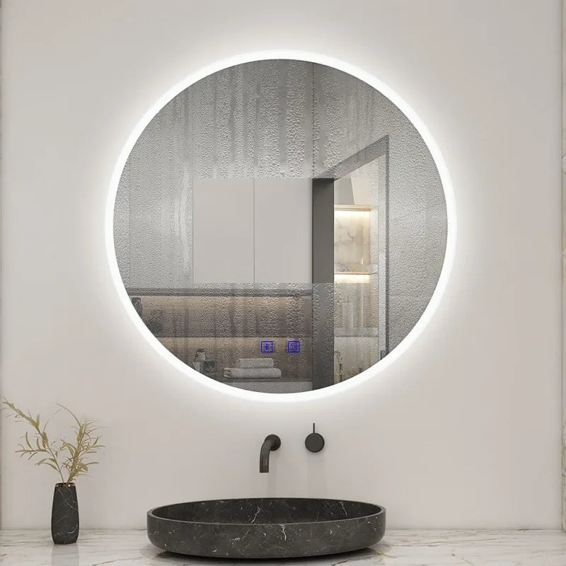 Miroir de salle de bain rond à LED avec coussin anti-buée et fonction de gradation Bluetooth 3 couleurs