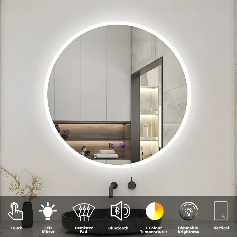 Miroir de salle de bain rond à LED avec coussin anti-buée et fonction de gradation Bluetooth 3 couleurs