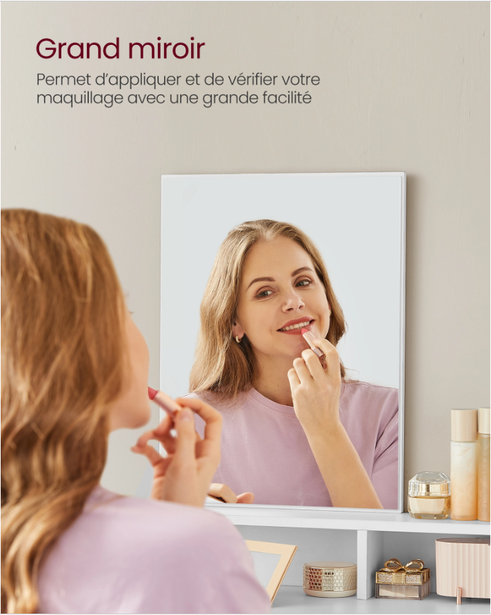 Petite Coiffeuse avec Miroir - 2 Tiroirs - 3 Compartiments - Blanche