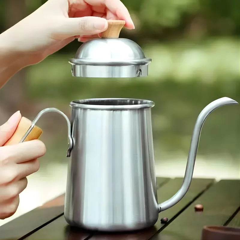 Cafetière Camping en Acier Inoxydable avec Poignée en Bois