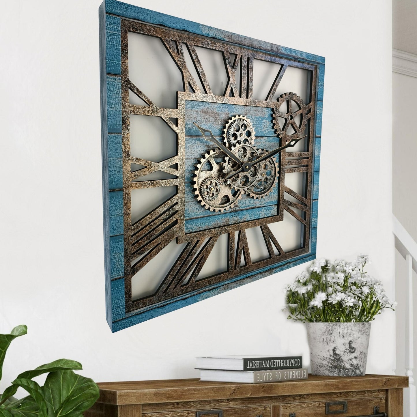 Horloge Murale Carrée 24” Bleu Océan