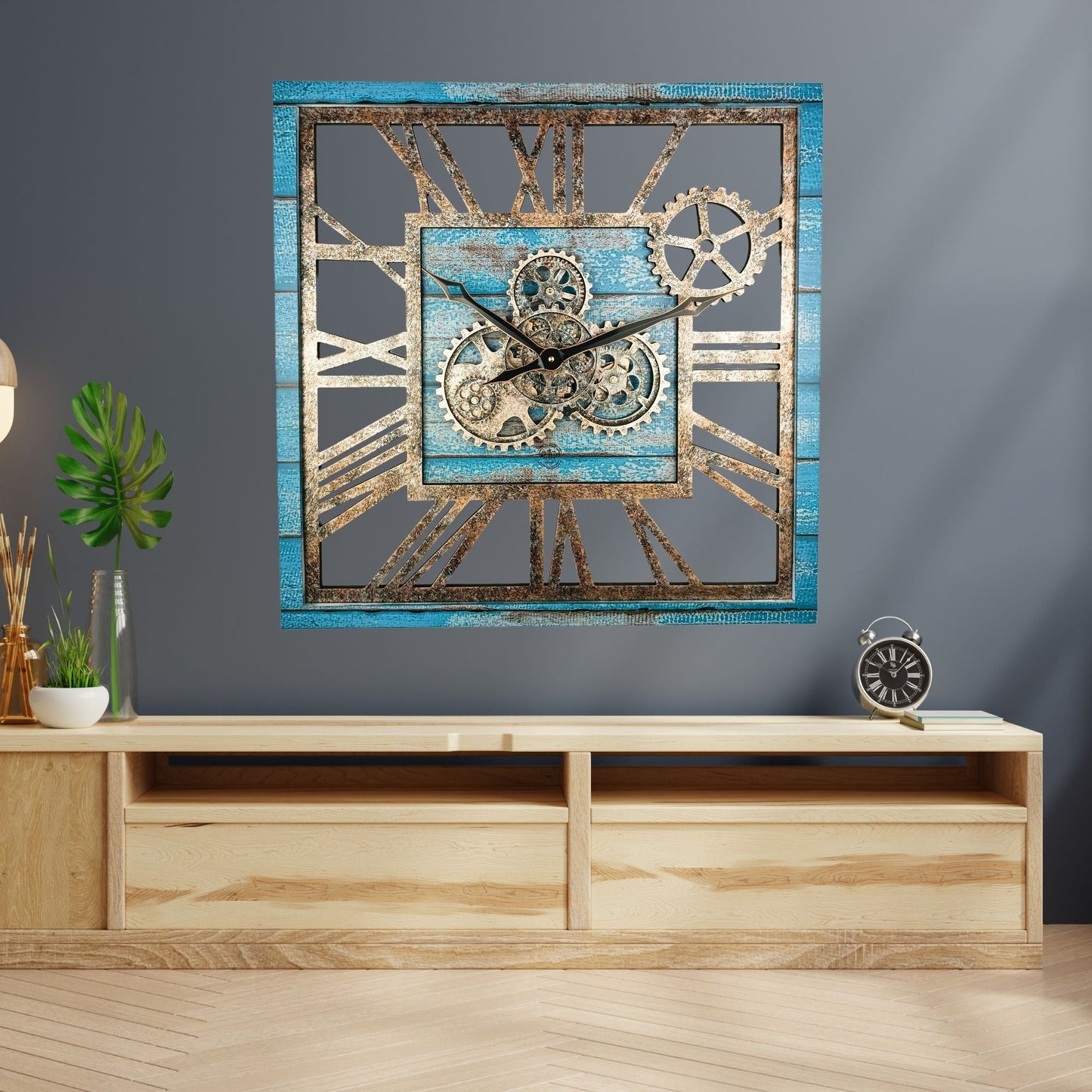 Horloge Murale Carrée 24” Bleu Océan