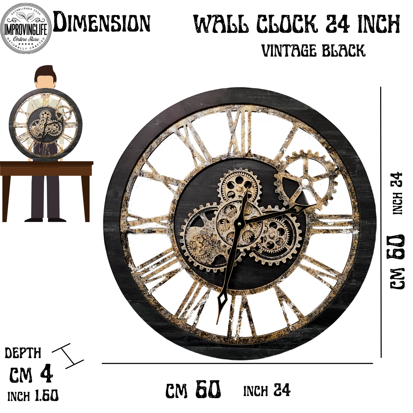 Horloge Murale Ronde 24” Vintage Noir