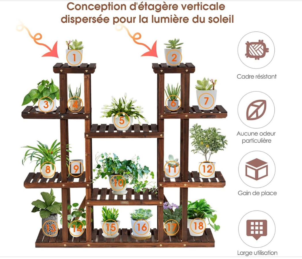 Étagère pour Plantes en Bois - 9 Tablettes 18 Pots